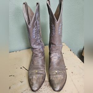 Justin Boots Brown Leather Cowboy Boots with Blue Stitching